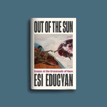 A blue square with the hardback cover of "Out of the Sun" by Esi Edugyan in the centre.