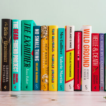 A photograph with 13 books facing spine-out. Christmas decorations surround the outside.